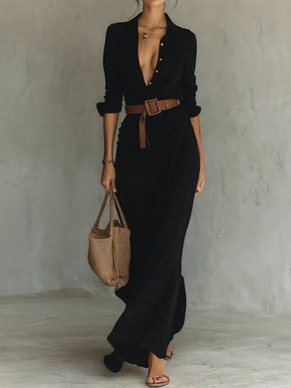 Robe chemise longue drapée à silhouette sculpturale