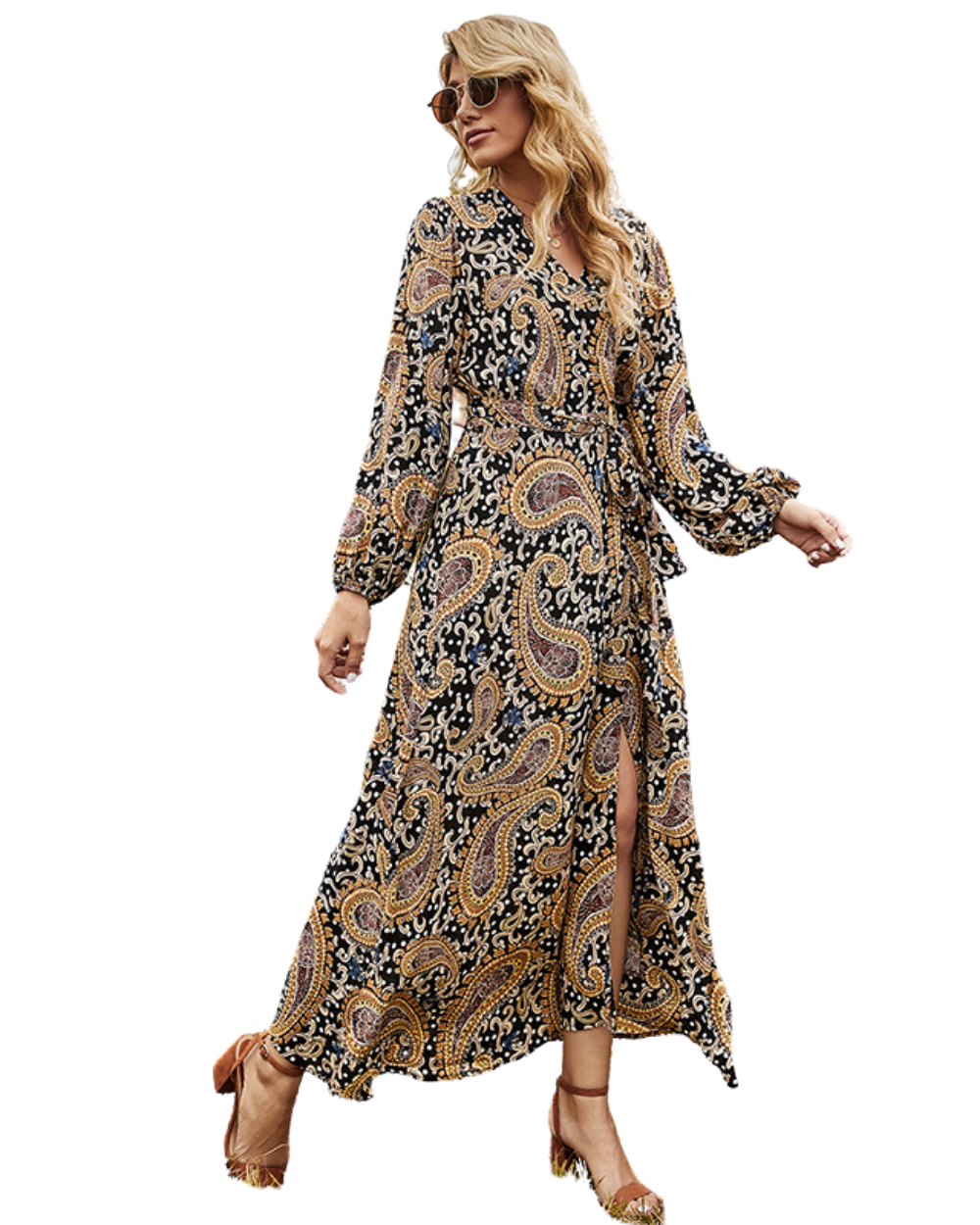 Robe Longue Évasée à Motif Paisley