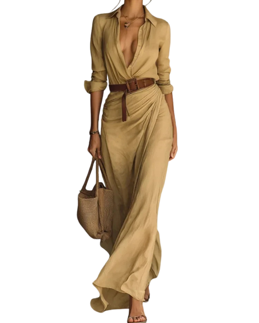 Robe chemise longue drapée à silhouette sculpturale